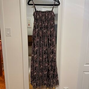 Maxi halter dress Small smocking pleats floral black&Pink-Japanese 0918